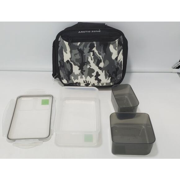 Arctic Zone Small Insulated Lunch Tote, Black Camo w/ 4 Plastic Bento Containers - Picture 1 of 6